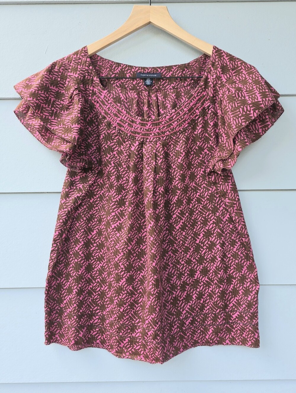 Tommy Hilfiger Women's 100% Cotton Pink Brown Print Flutter Sleeve Top SP
